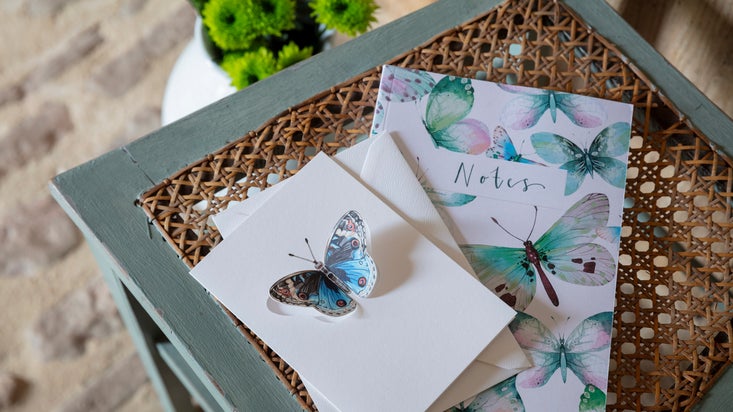 A butterfly card and butterfly print on a notepad, part of the retail SS25 collection